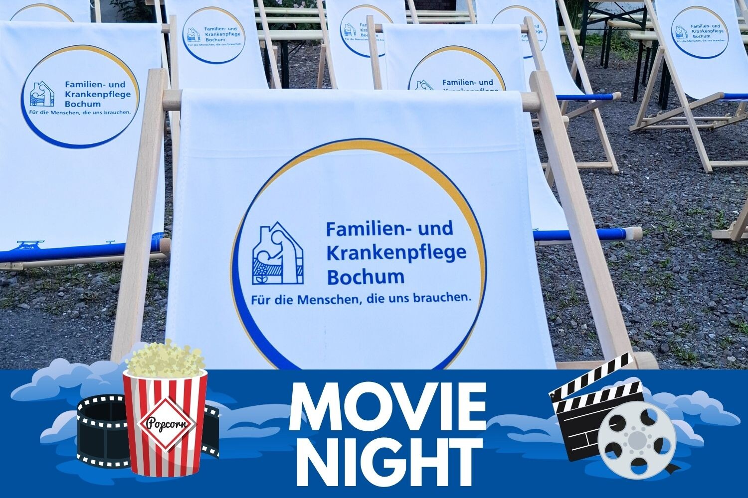 Liegestühle mit dem Logo der Familien- und Krankenpflege Bochum