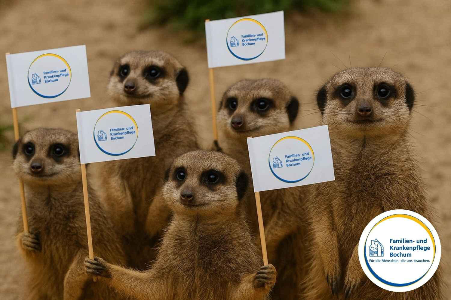 Erdmännchen halten Fahnen in der Hand mit dem Logo der Familien- und Krankenpflege. Bild ist KI generiert von Timm Alexander Jacobsen